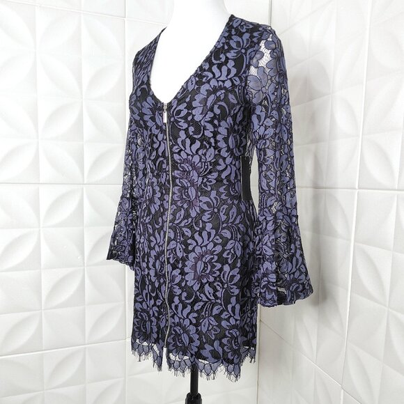 New Blue Lace Dress Long Bell Sleeve Witchy Mini Party Cocktail V-Neck M 6 Venus - Picture 7 of 8